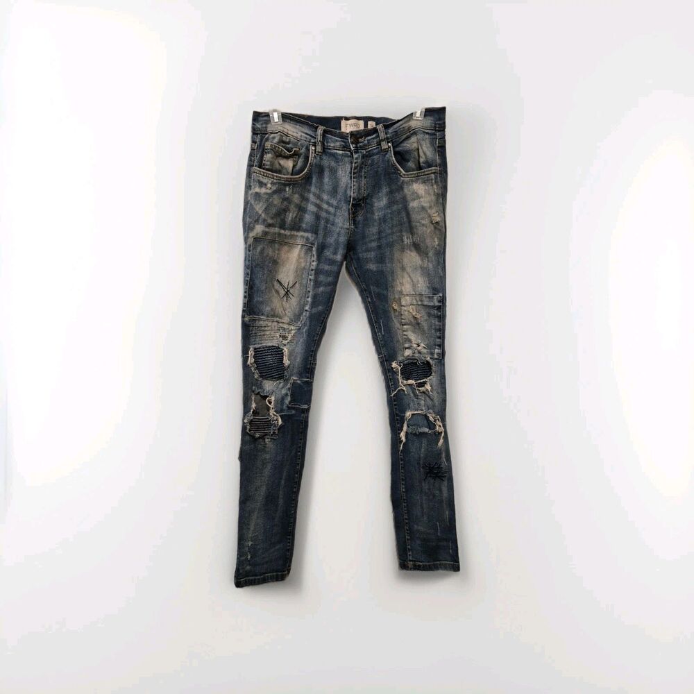 FWRD Mens 34x34 Acid Wash Blue Distressed Patchwork Skinny Denim Jeans Street